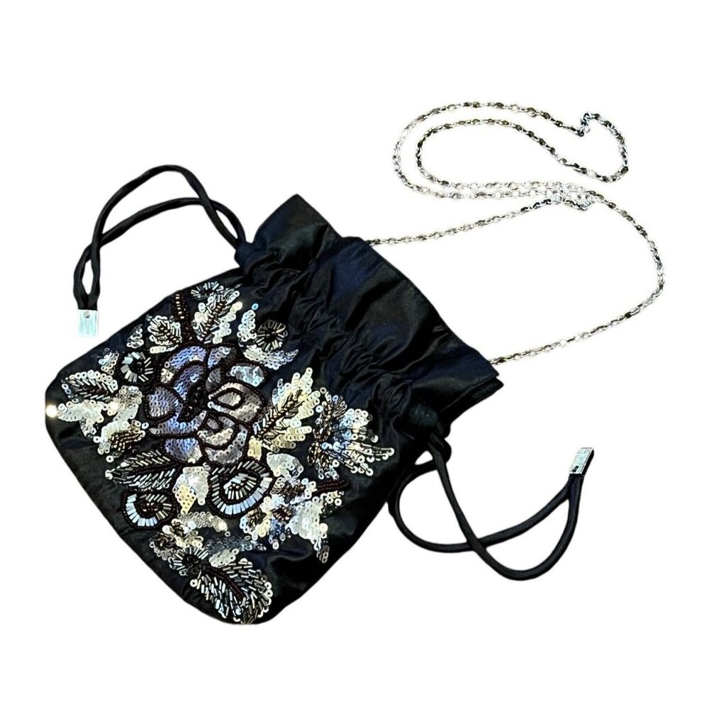 Vintage Jessica McClintock Black Floral Sequin Beaded Evening Formal Bag Purse - Picture 2 of 10